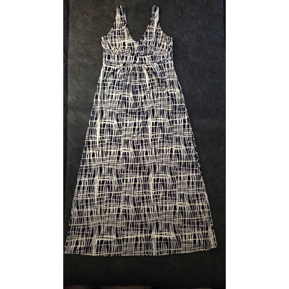 Ann Taylor Black & White Abstract V-Neck Sleeveless Maxi Dress Long Size M
